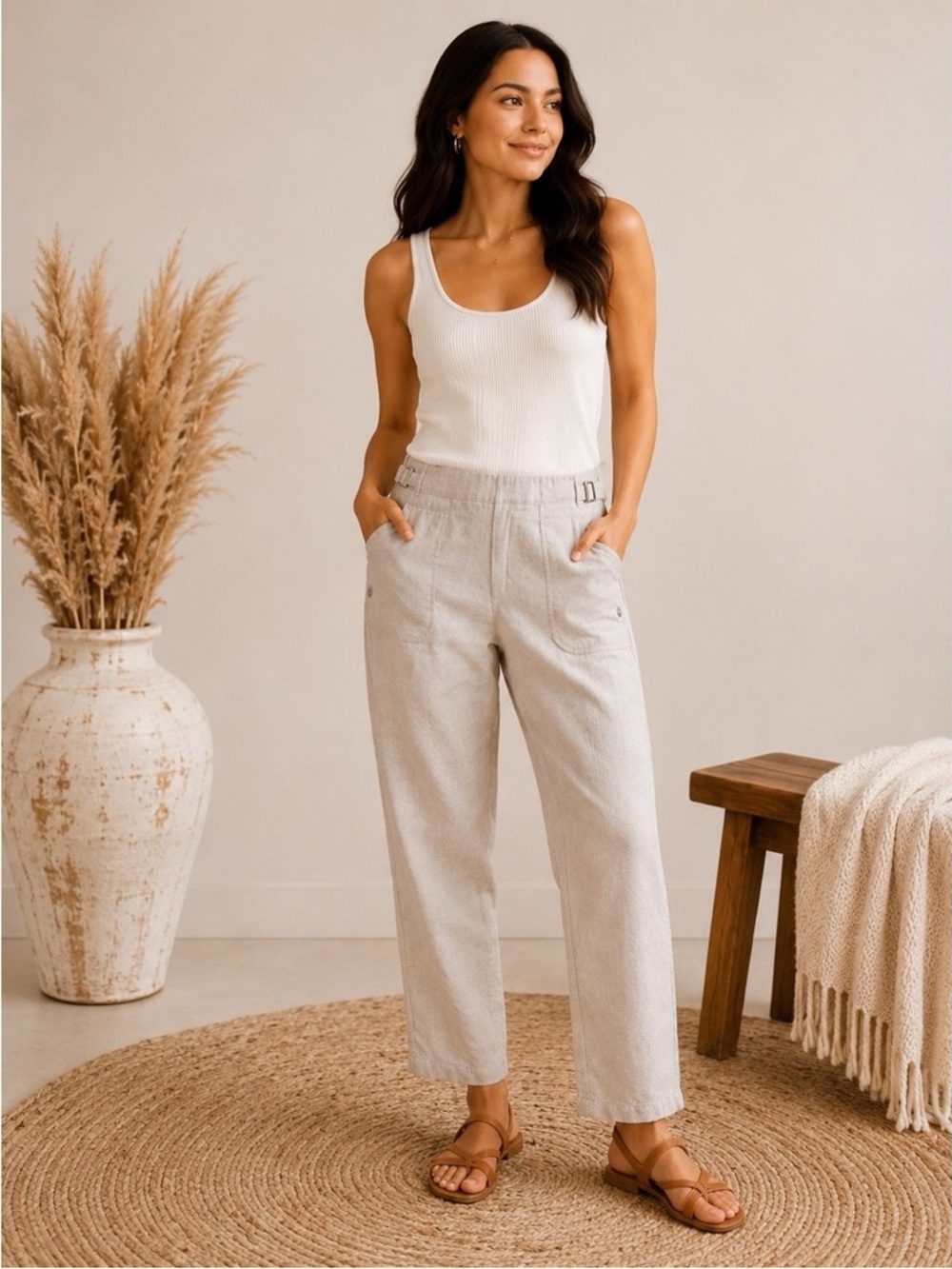 Athleta 100% Linen Cropped Pants | Size 6 | Natural Oatmeal